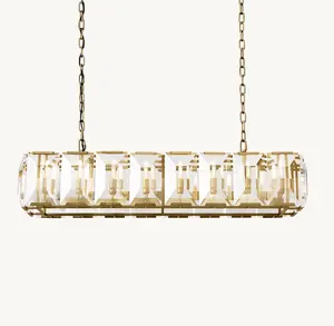 Sunwe High Hanging Ceiling Luxury Crystal Pendant Light Lacquered Burnished Brass 54 Inch Harlow Crystal Rectangular Chandelier