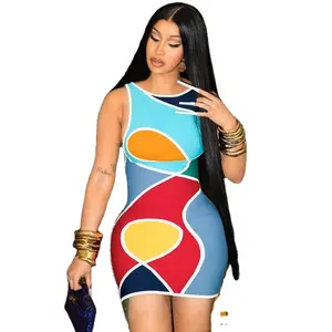 Streetwear Supplier Wholesale Summer Women'S Clothing New Fashion Color Printing Round Neck Sexy Slim Bag Hip Dress