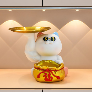 Lucky Cat Resin Ornament With Gold Tray And Money Bag Storage Desktop Decoration For Living Room Or Entryway - Product Image 1