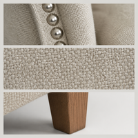 Fauteuil à dossier haut capitonné en lin 100% avec pieds en chêne massif et garniture cloutée, chaise de lecture pour salon, mobilier sur mesure
