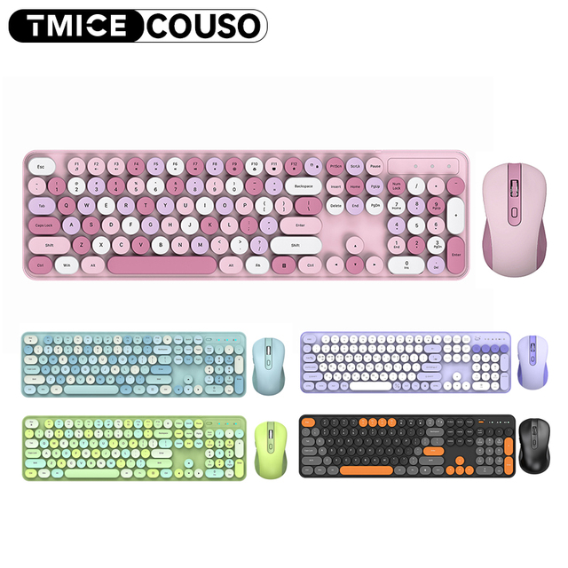 Colorful Wireless Keyboard with Round Keycaps 2.4GHz USB Cute Wireless Keyboard and Mouse Combo for Computer Desktop Laptop