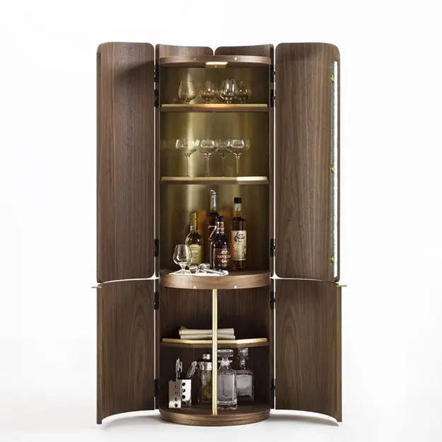 Armário de madeira maciça para vinho, armário de canto doméstico, porta de acrílico redonda com LED, barra de exibição