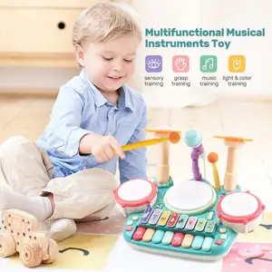 2022 Beste Verkopen Musical Licht Speelgoed 5 In 1 Muzikaal Speelgoed Kids Elektronische Piano Toetsenbord Xylofoon Drum Muziekinstrumenten Speelgoed set