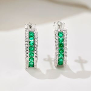 Dylam Luxurious 925 Sterling Silver Rhodium Plated Eternity <b>Emerald</b> Green 5A Cubic Zirconia Hoop <b>Stud</b> Earrings for Women Jewelry - Product Image 5