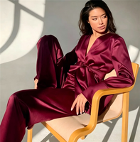 Grosir Set Piyama Sutra Satin Elegan Wanita Rusia, Lengan Panjang Model Robe Berikat, Celana Lebar Longgar, Pakaian Santai Custom