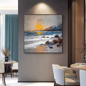 Peinture à l'huile abstraite impressionniste de paysage marin, peinte à la main, encadrée dans un cadre métallique, effet visuel 3D, art mural pour salon - Product Image 4