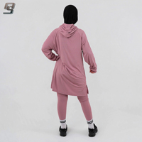 Tenue de sport modeste rose poudré OEM personnalisée, 2 pièces, pour femme, avec sweat à capuche, manches raglan, fente latérale, séchage rapide, été, style musulman