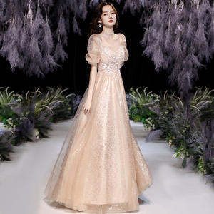 Elegante vierkante hals champagne tule applicaties baljurk formele jurk lange banket avond gala bruidsmeisjesjurken - Product Image 3