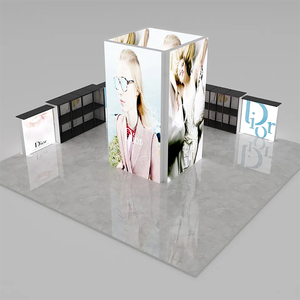 Stand de exhibición personalizado con tres lados abiertos, caja de luz SEG, pared trasera en forma de U con soporte para doble pantalla y unidad de mostrador de recepción - Product Image 4