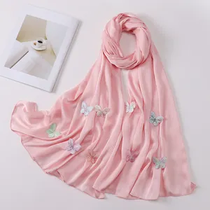Premium Crinkle Satin Silk Hijabs Fashion Butterfly Leaves Flower Scarf Muslim Shawls Headband Islamic Headscarf Turban
