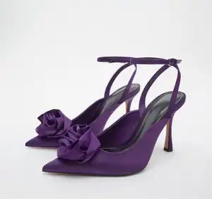 忙碌的女孩HW438凉鞋2023奢华缎面紫色花朵高跟鞋女士女鞋