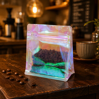 Sachet de café holographique irisé avec fenêtre transparente, fermeture éclair, pochette verticale refermable, emballage personnalisé pour grains de café destiné aux torréfacteurs