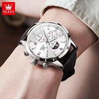 OLEVS 9812 Montre à quartz japonaise tendance Montre à phases lunaires Bracelet rond Montre-bracelet Bracelet en cuir véritable Aiguilles lumineuses Montres