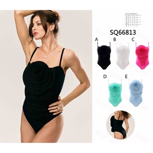 Costume da bagno intero HDJ a vita alta con controllo pancia, fascia a fascia e fiore 3D, nero tinta unita, per donna, abbigliamento da spiaggia 66295 - Product Image 1