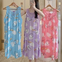Chemise de Nuit d'Été pour Femme, Vêtement de Nuit en Coton Doux, Robe Florale sans Manches à Col en Dentelle, Pyjama Décontracté, Longues Jupes d'Intérieur