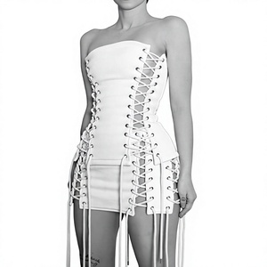 Women's Strapless Lace-Up Ribbed Crop Top and <b>High</b> Waist Skinny Trouser Set Sexy Club Matching Two Piece Outfit - Product Image 5