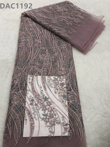 Tela de encaje de tul lila con cuentas y lentejuelas bonitas telas de encaje de malla para vestido de novia - Product Image 4