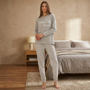 Pyjama décontracté pour femmes, imprimé floral, col à manches longues, longueur intégrale, 100% coton, tissu jersey doux et lisse, taille élastique - Product Image 3