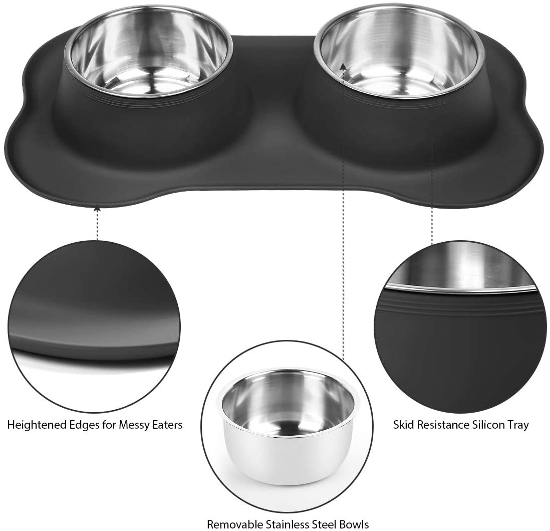 Sample Available Non-Slip Eco-friendly Mat with Pet Bowl and Food Feeder Silicone Foldable Double Stainless Steel Dog Bowls