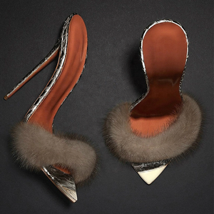 รองเท้าส้นสูงแบบสวมเปิดนิ้วเท้าประดับขนเฟอร์นุ่มๆ สีทองล้วน สำหรับผู้หญิง ไซส์ใหญ่ 45 - Product Image 6