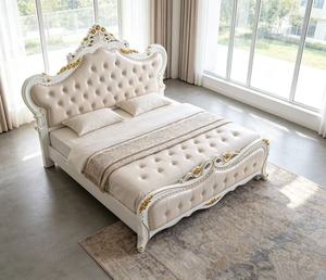 Premium Queen Size White Gold <b>Bed</b> With Cream PU Diamond Tufted Rose Floral Carved Nailhead Headboard For European Rococo Bedroom - Product Image 1
