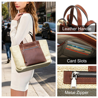 Grand sac fourre-tout d'été en paille tressée pour femme de bureau, avec bandoulière en cuir bicolore, fermeture à bouton, poche et multiples compartiments