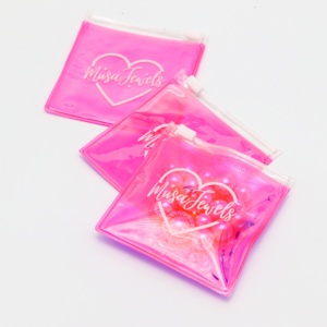 Luxury <b>Small</b> 6x6cm pink Pvc Holographic Plastic Zipper <b>Bag</b> with <b>White</b> logo for Jewels Jewelry Accessories Packaging Zip Pouch - Product Image 4