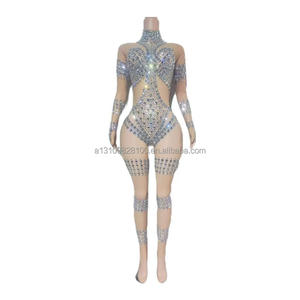 Costume de scène pour soirée en boîte de nuit, bar, performance, <span class=keywords><strong>Luka</strong></span> Mesh, brillant, diamant, moulant, sexy, une pièce, col haut, pantalon slim - Product Image 1