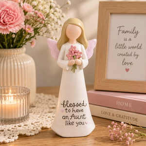 Offre Spéciale : Figurine d'<span class=keywords><strong>ange</strong></span> en résine ODM, peinte à la main, ailes roses, tenant une fleur – Décoration inspirante pour étagère, cadeau pour tante, idéal pour les fêtes - Product Image 5
