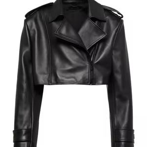 Nueva Llegada, Ropa de Cuero de Alta Calidad, Chaqueta Holgada de Color Sólido Estilo Motociclista para Mujer, Conjunto de Cuero con Pantalones Cortos de Cintura Alta - Product Image 6