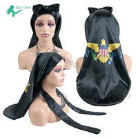 Bonnet long en satin de haute qualité avec logo personnalisé, drapeau du pays HaiTi, avec attache pour la tête, ajustable, pour le soin des cheveux, bonnet de nuit pour femmes