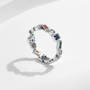 <b>925</b> <b>Silver</b> Eternity Band <b>Ring</b> Geometric Design Bezel Set Diamonds and Colorful Stones Unisex Minimalist Everyday Wear - Product Image 5