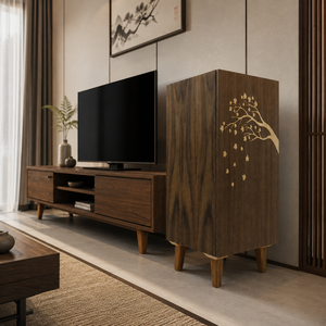 Armario de madera de estilo moderno de mediados de siglo con intrincados detalles de incrustaciones con motivos de árboles y tallados florales en madera escandinava maciza. - Product Image 5