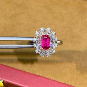 Bague halo en rubis rectangulaire non chauffé SGARIT, or 18 carats, 24 diamants, bijou de déclaration pour femme, pierre précieuse rouge vif. - Product Image 4
