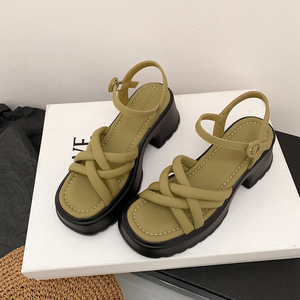 Women's Green Woven Lace-<b>Up</b> Ankle Strap Sandals Square <b>Open</b> Toe Thick Heel Breathable Anti-Slip Summer Fashionable Outdoor Shoes - Product Image 1