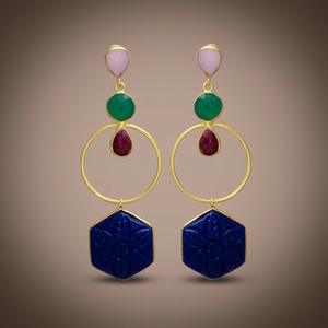 Nouvelles boucles d'oreilles pendantes ethniques plaquées or, en onyx vert et alliage de métaux précieux, faites à la main - Product Image 3