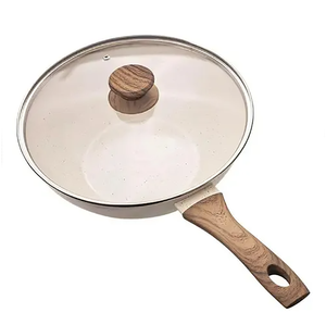 Wok en céramique de haute qualité, revêtement marbré antiadhésif, forgé, avec couvercle en verre et poignée en bois, 28 cm, pour cuisinière à gaz et à induction - Product Image 2