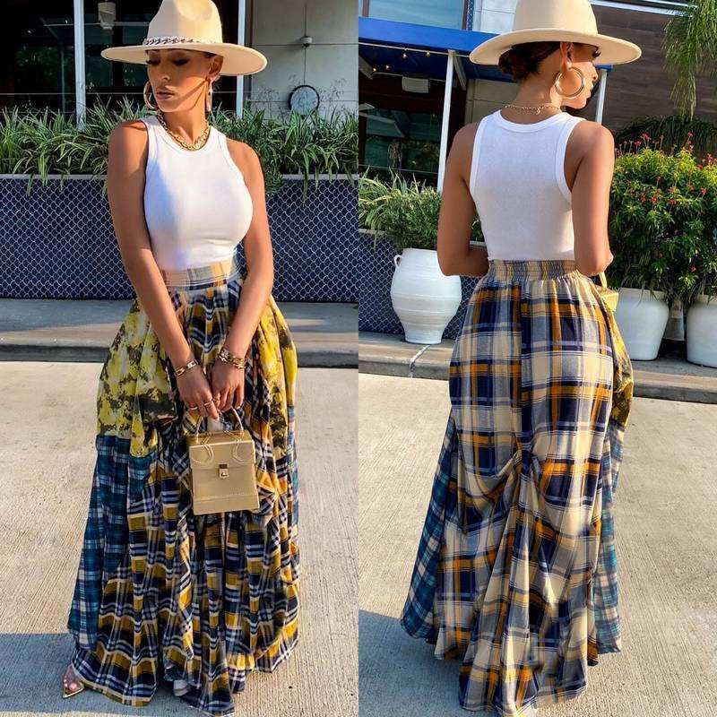 Hot Selling Multicolor Plaid Print Patchwork Casual Loose Long Skirt Summer  High Street Style Women 4Xl Plus Size Maxi Skirts