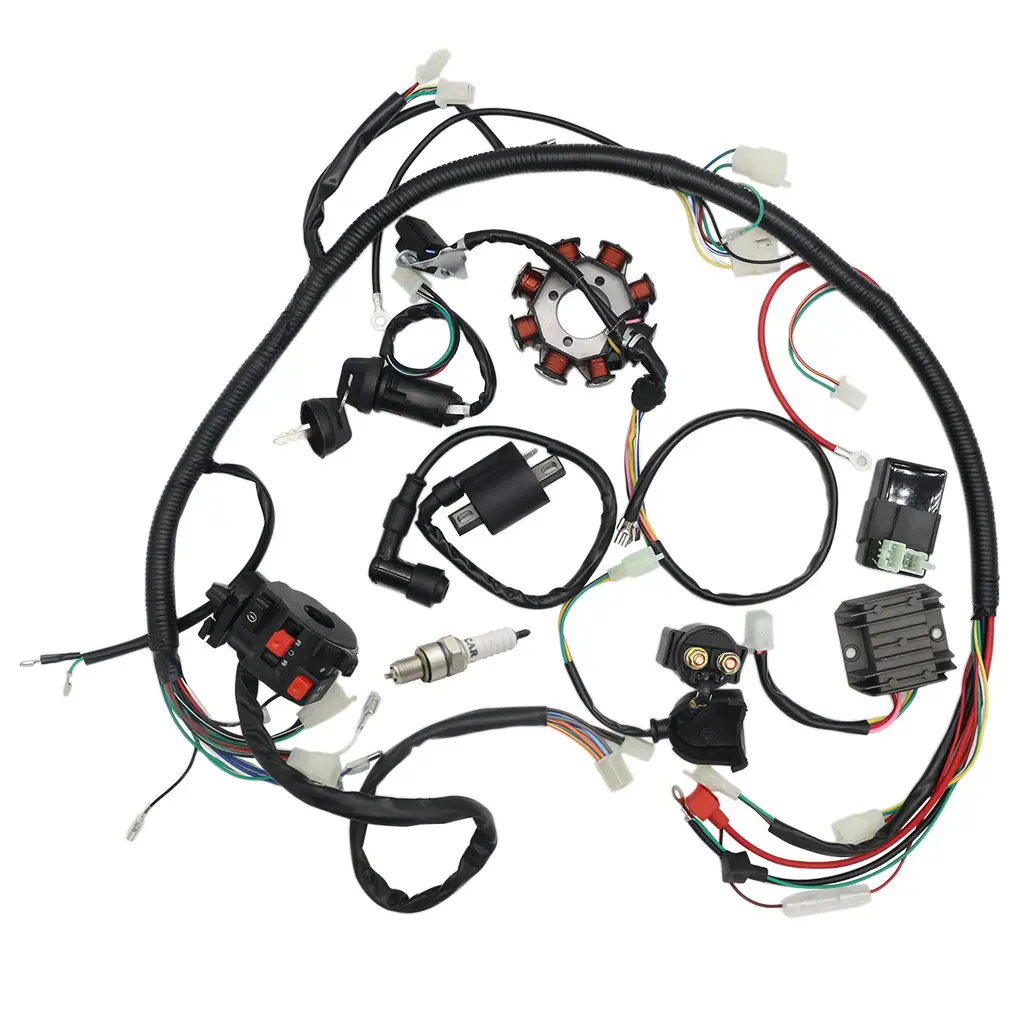 Motorcycle Complete Wiring Harness kit Wire Loom Electrics Stator Coil CDI for ATV Quad 4 Four Wheelers 150CC 200CC 250CC Go Kar