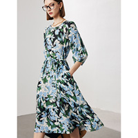 Robe longue d'été élégante pour femme, 100% soie de mûrier crêpe, antistatique, imprimé floral, col rond, manches courtes, coupe trapèze