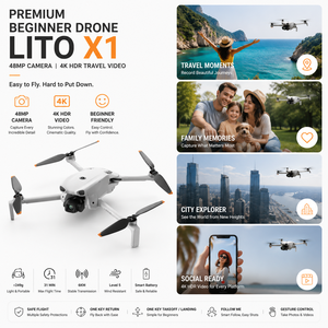 โดรน Lito X1 รุ่นพรีเมียมสำหรับผู้เริ่มต้น กล้อง 48MP ถ่ายวิดีโอ 4K เหมาะสำหรับการถ่ายภาพท่องเที่ยว ครอบครัว สร้างสรรค์เนื้อหาโซเชียลมีเดีย พร้อมชุดอุปกรณ์ - Product Image 1