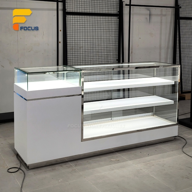 White Commercial Glass Showcase Cabinet Bright LED Layered Shelving Retail Store Display Fixture Custom Design