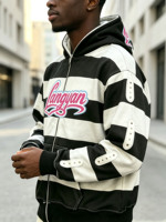 Sweat-shirt à capuche zippé rayé personnalisé avec logo, en coton épais 100 % écologique, idéal pour l'hiver et le streetwear