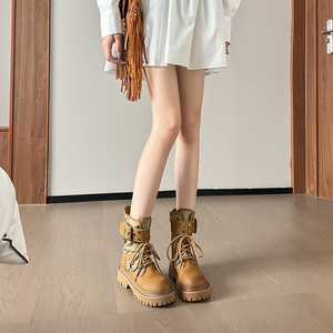 Bottines Western Vintage en Daim et Toile à Lacets avec Rivets et Boucles, Semelle Crantée, Chaussures Décontractées Streetwear pour Femme - Product Image 1
