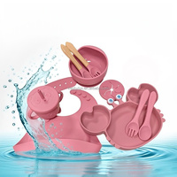 Ensemble d'alimentation pour bébé en silicone 8 pièces - Assiette à ventouse en forme de crabe, tasse à bec 2-en-1, bol à ventouse, bavoir et ensemble de deux ustensiles