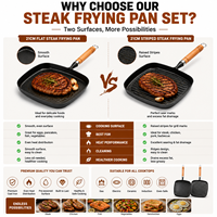 Wajan Panggangan Besi Cor Persegi Bergaris untuk Steak, Gagang Kayu, Tanpa Lapisan, untuk Kompor Gas dan Berkemah