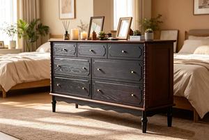 Vintage Black 7-<b>Drawer</b> Dresser, Farmhouse Sideboard with Bobbin Details & Gold Knobs - Product Image 2