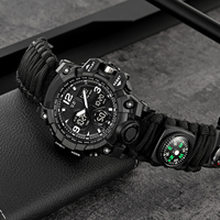 Jam tangan Digital pria, jam tangan tali payung taktis tahan air Multi fungsi, jam tangan Digital Analog tampilan ganda untuk pria