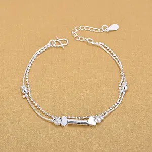 925 bracelet en argent Sterling Double chaine cœur pour femme, fait à la main, bijoux d'été