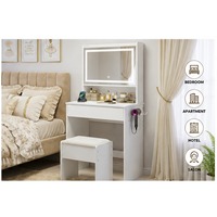 Coiffeuse blanche avec miroir LED éclairé, tiroirs de rangement, tabouret rembourré et support pour sèche-cheveux